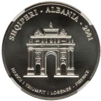 obverse of 100 Lekë - Michelangelo's David (2001) coin with KM# 82 from Albania. Inscription: SHQIPERI - ALBANIA - 2001 HARKU I TRIUMFIT I LORENES - FIRENCE