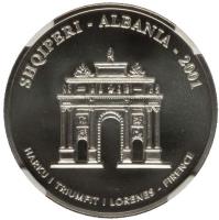 Albania coin 100 Lekë - Michelangelo's David (2001) obverse obverse of 100 Lekë - Michelangelo's David (2001) coin with KM# 82 from Albania. Inscription: SHQIPERI - ALBANIA - 2001 HARKU I TRIUMFIT I LORENES - FIRENCE