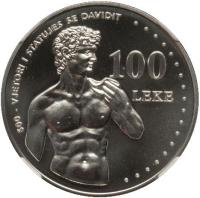 reverse of 100 Lekë - Michelangelo's David (2001) coin with KM# 82 from Albania. Inscription: 100 LEKE 500 - VJETORI I STATUJES SE DAVIDIT