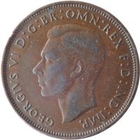 United Kingdom coin 1 Penny - George VI - With IND:IMP (1937 - 1948) obverse obverse of 1 Penny - George VI - With IND:IMP (1937 - 1948) coin with KM# 845 from United Kingdom. Inscription: GEORGIVS VI D:G:BR:OMN:REX F:D:IND:IMP. HP