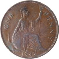 United Kingdom coin 1 Penny - George VI - With IND:IMP (1937 - 1948) reverse reverse of 1 Penny - George VI - With IND:IMP (1937 - 1948) coin with KM# 845 from United Kingdom. Inscription: ONE PENNY 1948