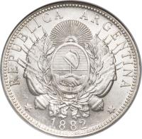 obverse of 1 Peso (1881 - 1883) coin with KM# 29 from Argentina. Inscription: REPUBLICA ARGENTINA * 1882 *