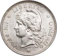 reverse of 1 Peso (1881 - 1883) coin with KM# 29 from Argentina. Inscription: LIBERTAD * UN PESO * 9 Dos FINO *