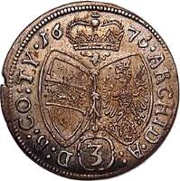 Austria coin 3 Kreuzer - Leopold I - Hall mint (1667 - 1690) reverse reverse of 3 Kreuzer - Leopold I - Hall mint (1667 - 1690) coin with KM# 1245 from Austria. Inscription: D · B · CO · TY · 16 80 · ARCHID · A: