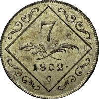 reverse of 7 Kreuzer - Franz II (1802) coin with KM# 2129 from Austria. Inscription: 7 1802 · C