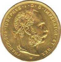 Austria coin 8 Florins / 20 Francs - Franz Joseph I (1870 - 1892) obverse obverse of 8 Florins / 20 Francs - Franz Joseph I (1870 - 1892) coin with KM# 2269 from Austria. Inscription: FRANCISCVS · IOSEPHVS · I · D · G · IMPERATOR · ET · REX *