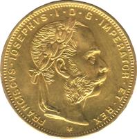 obverse of 8 Florins / 20 Francs - Franz Joseph I (1870 - 1892) coin with KM# 2269 from Austria. Inscription: FRANCISCVS · IOSEPHVS · I · D · G · IMPERATOR · ET · REX *