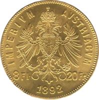 Austria coin 8 Florins / 20 Francs - Franz Joseph I (1870 - 1892) reverse reverse of 8 Florins / 20 Francs - Franz Joseph I (1870 - 1892) coin with KM# 2269 from Austria. Inscription: IMPERIVM AVSTRIACVM 8Fl · 20Fr 1892
