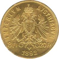 reverse of 8 Florins / 20 Francs - Franz Joseph I (1870 - 1892) coin with KM# 2269 from Austria. Inscription: IMPERIVM AVSTRIACVM 8Fl · 20Fr 1892