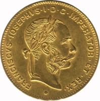 obverse of 4 Florins / 10 Francs - Franz Joseph I (1870 - 1892) coin with KM# 2260 from Austria. Inscription: FRANCISCUS IOSEPHUS I D.G.C.IMPERATOR .ET.REX.