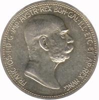 obverse of 1 Corona - Franz Joseph I - Reign (1908) coin with KM# 2808 from Austria. Inscription: FRANC · IOS · I · D · G · IMP · AVSTR · REX · BOH · GAL · ILL · ETC · ET AP · REX · HVNG