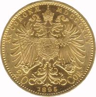 Austria coin 20 Corona - Franz Joseph I (1892 - 1905) reverse reverse of 20 Corona - Franz Joseph I (1892 - 1905) coin with KM# 2806 from Austria. Inscription: XX CORONÆ MDCCCXCIII 20 1893 COR.