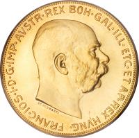 obverse of 100 Corona - Franz Joseph I (1909 - 1915) coin with KM# 2819 from Austria.