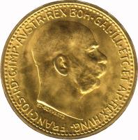 obverse of 10 Corona - Franz Joseph I (1909 - 1912) coin with KM# 2816 from Austria. Inscription: FRANC.JOS.I.D.G.IMP.AVSTR.REX BOH.GAL.ILL.ETC.ET AP.REX HVNG.