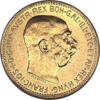 obverse of 20 Corona - Franz Joseph I (1909 - 1916) coin with KM# 2818 from Austria. Inscription: FRANC · IOS · I · D · G · IMP · AVSTR · REX BOH · GAL · ILL · ETC · ET AP · REX HVNG ·