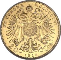 reverse of 20 Corona - Franz Joseph I (1909 - 1916) coin with KM# 2818 from Austria. Inscription: XX CORONÆ MDCCCCXV 20 1915 COR.