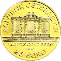 Austria coin 25 Euro - Vienna Philharmonic (2002 - 2014) reverse reverse of 25 Euro - Vienna Philharmonic (2002 - 2014) coin with KM# 3093 from Austria. Inscription: REPUBLIK OSTERREICH ¼ UNZE GOLD 999.9 2013 25 EURO