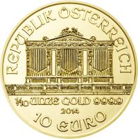 Austria coin 10 Euro - Vienna Philharmonic (2002 - 2015) obverse obverse of 10 Euro - Vienna Philharmonic (2002 - 2015) coin with KM# 3092 from Austria. Inscription: REPUBLIK OSTERREICH 1/10 UNZE GOLD 999.9 2002 10 EURO