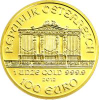 reverse of 100 Euro - Vienna Philharmonic (2002 - 2015) coin with KM# 3095 from Austria. Inscription: REPUBLIK OSTERREICH 1 UNZE GOLD 999.9 2012 100 EURO