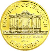 Austria coin 100 Euro - Vienna Philharmonic (2002 - 2015) reverse reverse of 100 Euro - Vienna Philharmonic (2002 - 2015) coin with KM# 3095 from Austria. Inscription: REPUBLIK OSTERREICH 1 UNZE GOLD 999.9 2012 100 EURO