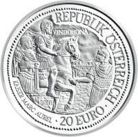 Austria coin 20 Euro - Vindobona (2010) obverse obverse of 20 Euro - Vindobona (2010) coin with KM# 3188 from Austria. Inscription: REPUBLIK ÖSTERREICH VINOBONA 2010 TP KAISER MARC AUREL · 20 EURO ·