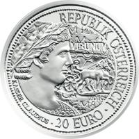 obverse of 20 Euro - Virunum (2010) coin with KM# 3187 from Austria. Inscription: REPUBLIK ÖSTERREICH · 20 EURO · KAISER CLAUDIUS VIRUNUM 2010 EVA