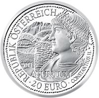 Austria coin 20 Euro - Aguntum (2011) obverse obverse of 20 Euro - Aguntum (2011) coin with KM# 3200 from Austria. Inscription: REPUBLIK ÖSTERREICH · 20 EURO · CONSTANTIUS II. 2011 AGUNTUM
