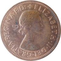 obverse of 1 Penny - Elizabeth II - Without BRITT:OMN; 1'st Portrait (1954 - 1970) coin with KM# 897 from United Kingdom. Inscription: +ELIZABETH · II · DEI · GRATIA · REGINA · F:D: