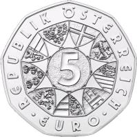Austria coin 5 Euro - Land des Wassers (2013) reverse reverse of 5 Euro - Land des Wassers (2013) coin with KM# 3222a from Austria. Inscription: REPUBLIK ÖSTERREICH 5 · EURO ·