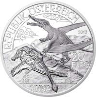 Austria coin 20 Euro - Jurassic (2013) obverse obverse of 20 Euro - Jurassic (2013) coin with KM# 3223 from Austria. Inscription: REPUBLIK ÖSTERREICH 2013 20 EURO 200 MIO 145 MIO JURA