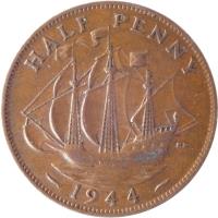 United Kingdom coin 1/2 Penny - George VI - With IND:IMP (1937 - 1948) reverse reverse of 1/2 Penny - George VI - With IND:IMP (1937 - 1948) coin with KM# 844 from United Kingdom. Inscription: HALF PENNY HP 1944