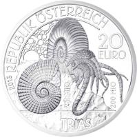 Austria coin 20 Euro - Triassic (2013) obverse obverse of 20 Euro - Triassic (2013) coin with KM# 3220 from Austria. Inscription: 2013 REPUBLIK ÖSTERREICH 20 EURO 251 MIO 200 MIO TRIAS