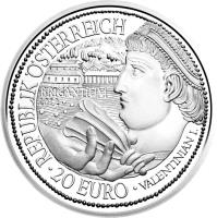 obverse of 20 Euro - Brigantium (2012) coin with KM# 3211 from Austria. Inscription: REPUBLIK ÖSTERREICH BRIGANTIUM 2012 · 20 EURO · VALENTINIAN I.