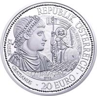 obverse of 20 Euro - Lauriacum (2012) coin with KM# 3210 from Austria. Inscription: REPUBLIK ÖSTERREICH HL. FLORIAN TP LAURIACUM 2012 KAISER GRATIANUS · 20 EURO ·