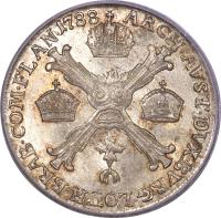 Austrian Netherlands coin 1/4 Kronenthaler - Joseph II (1788 - 1790) reverse reverse of 1/4 Kronenthaler - Joseph II (1788 - 1790) coin with KM# 38 from Austrian Netherlands. Inscription: ARCH · AVST · DVX · BVRG · LOTH · BRAB · COM · FLAN · 1788
