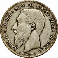 obverse of 50 Centimes - Leopold II (1887 - 1896) coin with KM# 5 from Belgian Congo. Inscription: LEOP. II R. D. BELG. SOUV. DE L'ETAT INDEP. DU CONGO L. WIENER