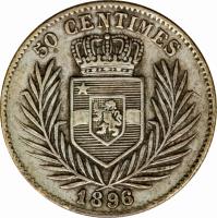 reverse of 50 Centimes - Leopold II (1887 - 1896) coin with KM# 5 from Belgian Congo. Inscription: 50 centimes 1896