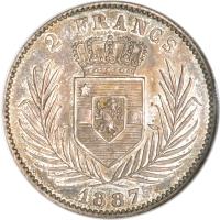 reverse of 2 Francs - Leopold II (1887 - 1896) coin with KM# 7 from Belgian Congo. Inscription: 2 FRANCS 1887