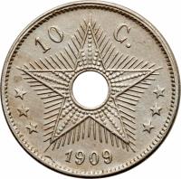 Belgian Congo coin 10 Centimes - Leopold II (1909) reverse reverse of 10 Centimes - Leopold II (1909) coin with KM# 13 from Belgian Congo. Inscription: *** 10 C. *** 1909