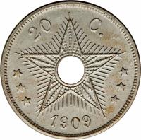 Belgian Congo coin 20 Centimes - Leopold II (1909) reverse reverse of 20 Centimes - Leopold II (1909) coin with KM# 14 from Belgian Congo. Inscription: *** 20 C. *** 1909