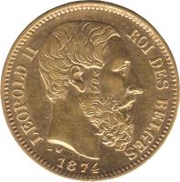obverse of 20 Francs - Leopold II - Milder beard (1870 - 1882) coin with KM# 37 from Belgium. Inscription: LEOPOLD II ROI DES BELGES L W 1874