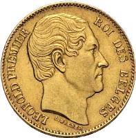 obverse of 20 Francs - Leopold I (1865 - 1866) coin with KM# 23 from Belgium. Inscription: LEOPOLD PREMIER ROI DES BELGES L.WIENER
