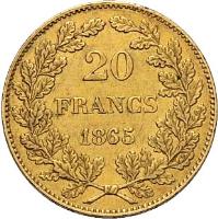 reverse of 20 Francs - Leopold I (1865 - 1866) coin with KM# 23 from Belgium. Inscription: 20 FRANCS 1865