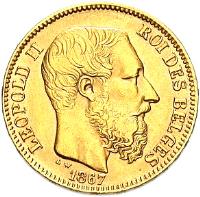 obverse of 20 Francs - Leopold II - Coarser beard (1867 - 1870) coin with KM# 32 from Belgium. Inscription: LEOPOLD II ROI DES BELGES L W 1867