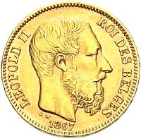 Belgium coin 20 Francs - Leopold II - Coarser beard (1867 - 1870) obverse obverse of 20 Francs - Leopold II - Coarser beard (1867 - 1870) coin with KM# 32 from Belgium. Inscription: LEOPOLD II ROI DES BELGES L W 1867