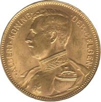obverse of 20 Francs - Albert I - Dutch text (1914) coin with KM# 79 from Belgium. Inscription: . ALBERT . KONING . DER . BELGEN . GDV