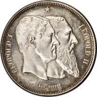 obverse of 5 Francs - Leopold II - 50 Years of Belgium (1880) coin with X# 8 from Belgium. Inscription: LEOPOLD I * LEOPOLD II LEOP WIENER