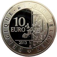 reverse of 10 Euro - Albert II - Hugo Claus (2013) coin from Belgium. Inscription: 1929 2008 HugoClaus