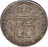 Bolivia coin 8 Reales - Fernando VII - Colonial Milled Coinage (1808 - 1825) reverse reverse of 8 Reales - Fernando VII - Colonial Milled Coinage (1808 - 1825) coin with KM# 84 from Bolivia. Inscription: HISPAN . ET IND . REX . PTS . 8R . J . L