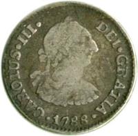 Bolivia coin 1/2 Real - Carlos III - Colonial Milled Coinage (1773 - 1786) obverse obverse of 1/2 Real - Carlos III - Colonial Milled Coinage (1773 - 1786) coin with KM# 51 from Bolivia. Inscription: CAROLUS IIII DEI . GRATIA .